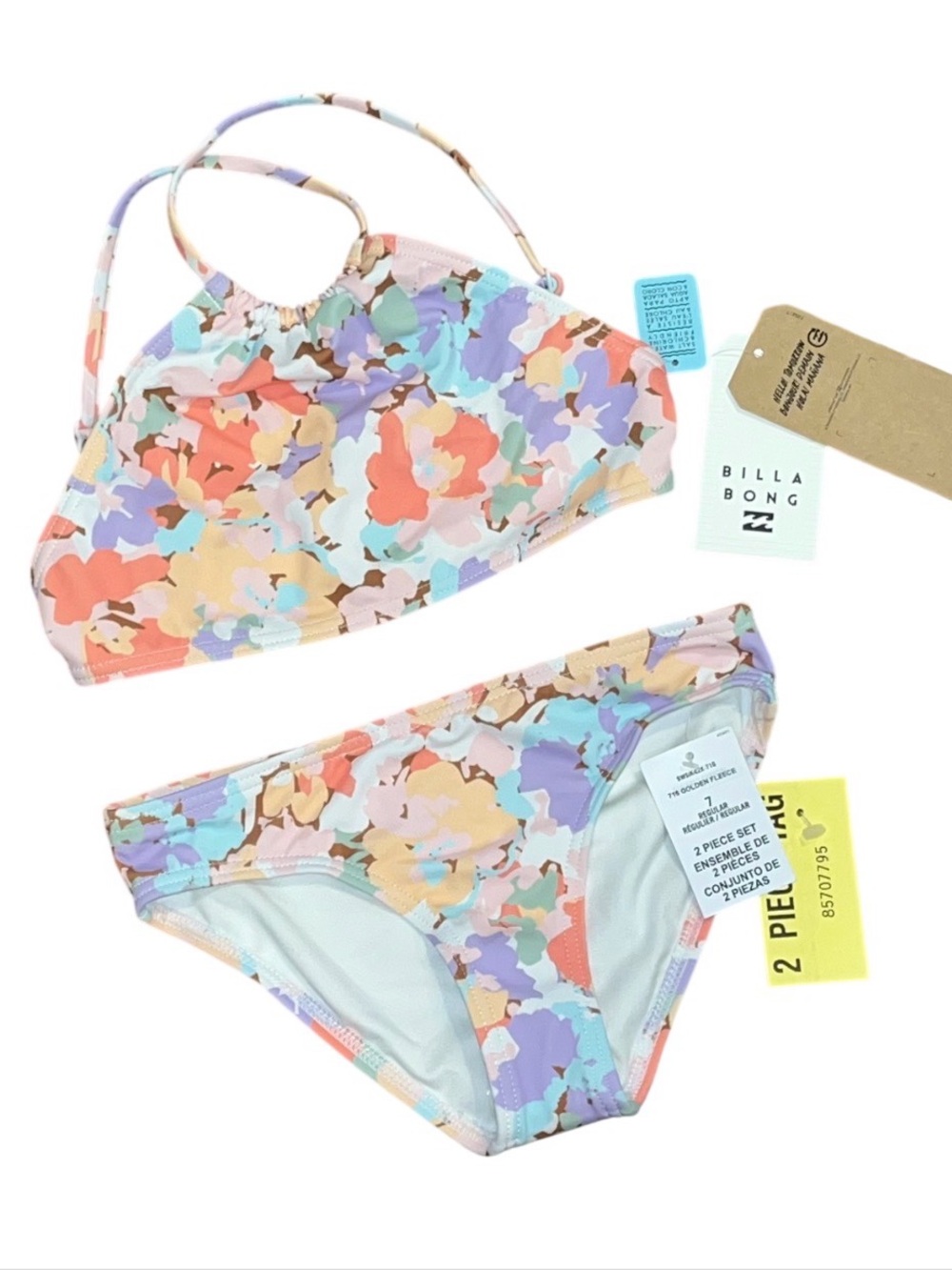Billabong Golden Fleece High Neck Halter Bikini Pink Orange Purple Girls 7 NWT